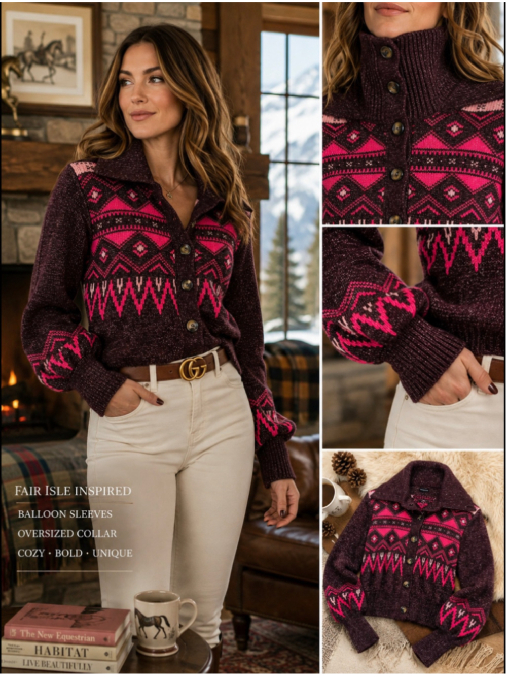 Who What Wear Fair Isle-Inspired Cardigan Women’s L Burgundy Pink Balloon Sleeve